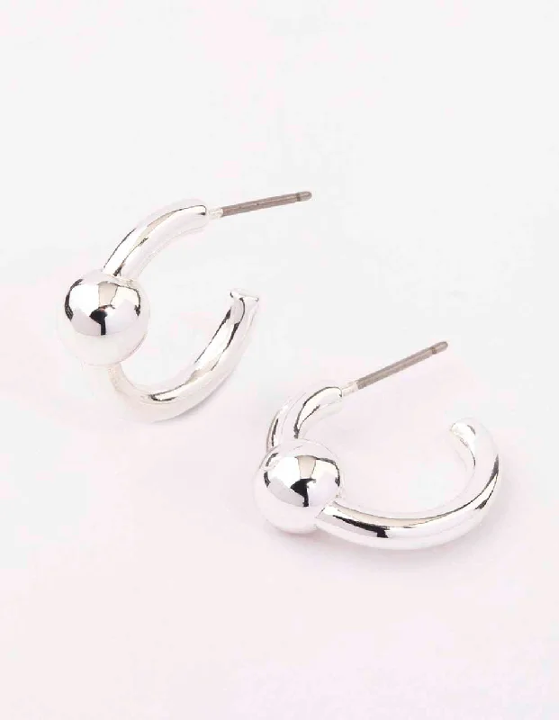 Classic pearl drop earrings for women-Silver Plain Ball Hoop Earrings