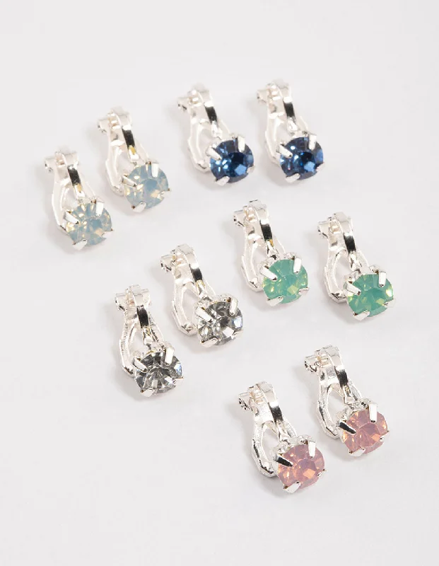 Classic stud earrings for women-Silver Claw Diamante Clip On Earrings 5-Pack