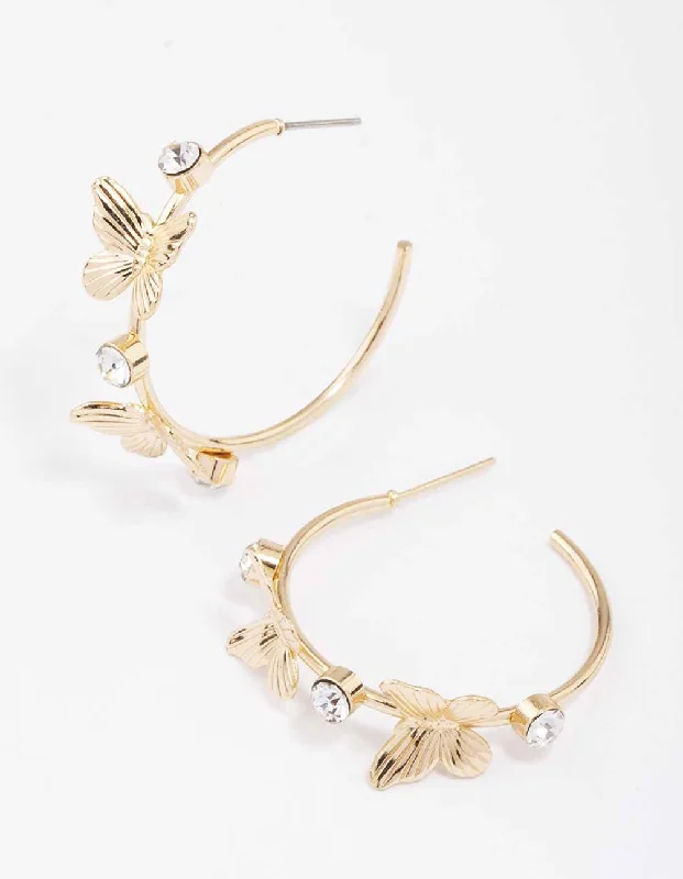 Women’s dangling earrings with gemstones-Gold Diamante Butterfly Hoop Earrings