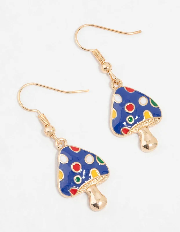 Chic earrings for women with crystal details-Gold Blue Enamel Mushroom Drop Earrings