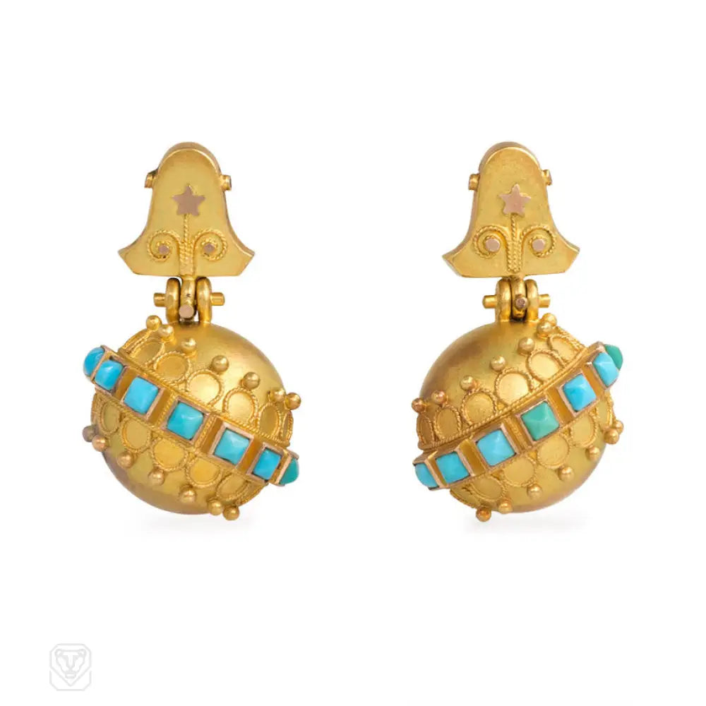 Affordable stud earrings for women-Antique gold and turquoise bead earrings