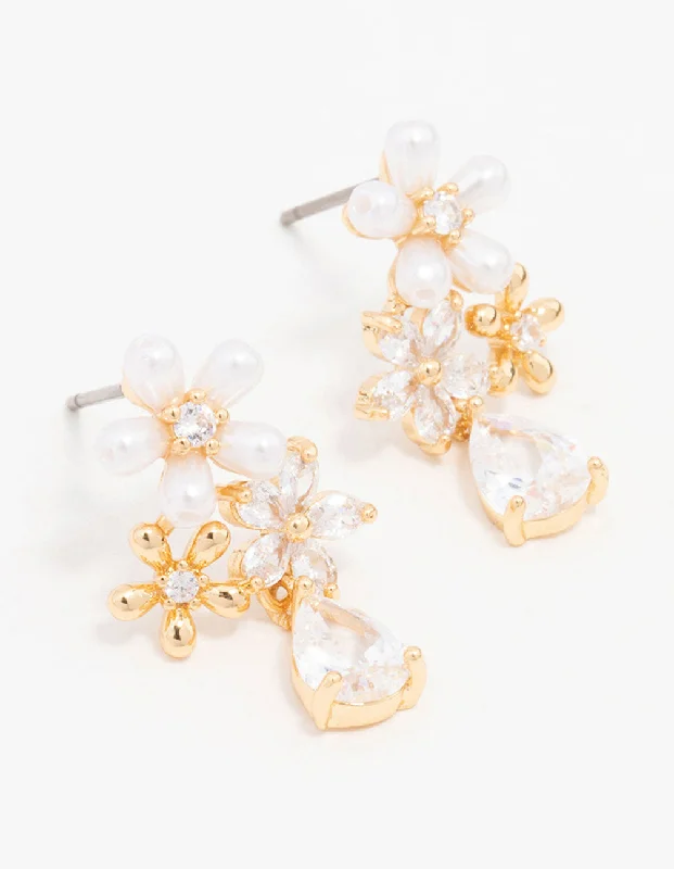 Vintage earrings with intricate designs-Gold Plated Trio Flower Pear Drop Earrings