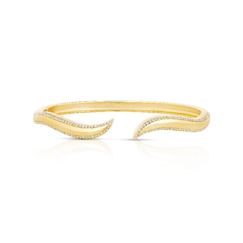 Elegant charm bracelets with beads for women-Pave Outline Solid Gold Wave Cuff Bangle