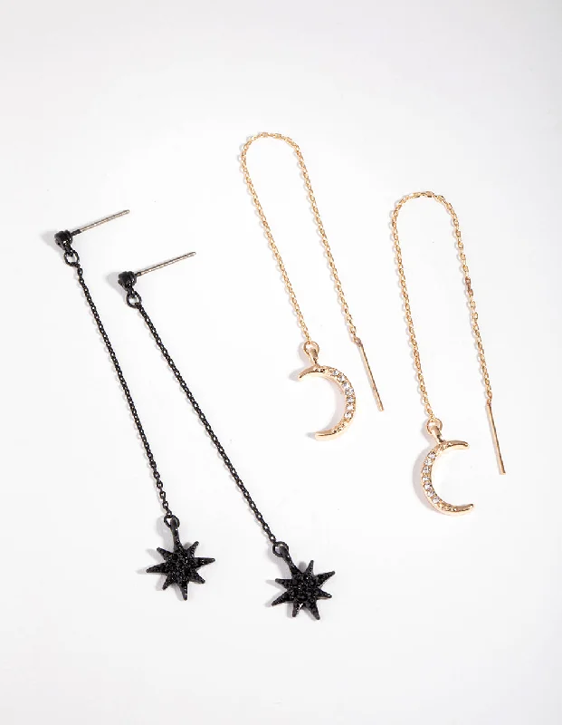 Custom diamond earrings for women-Matte Diamante Star & Moon Pack Earring