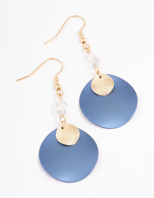 Women’s statement earrings with feathers-Navy Facet & Double Disc Drop Earrings