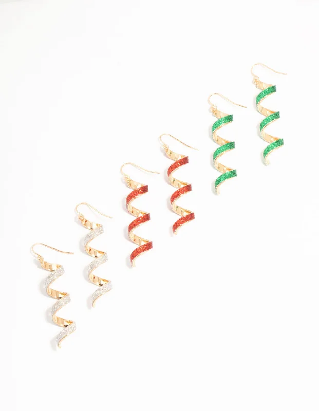 Beautiful pearl earrings for women-Multicoloured Glitter Spiral Drop Earrings  3-Pack