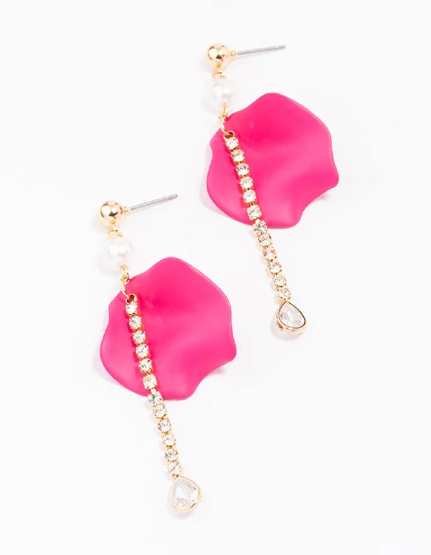 Fashionable earrings for women with multicolors-Gold & Pink Iridescent Petal Chain Drop Earrings