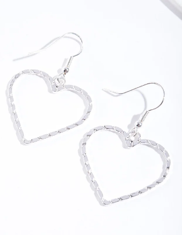 Women’s earrings with minimalistic designs-Silver Textured Heart Cut Out Drop Earring