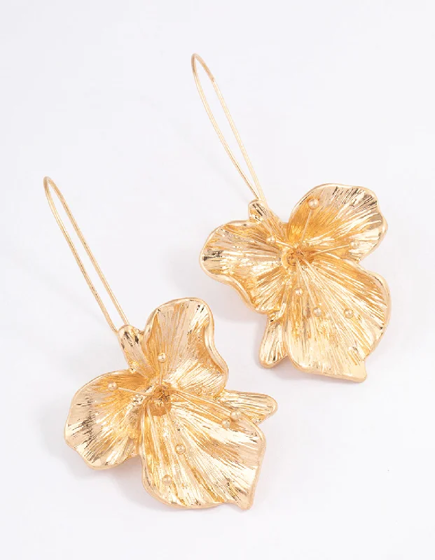 Women’s earrings with minimalistic designs-Worn Gold Organic Flower Drop Earrings