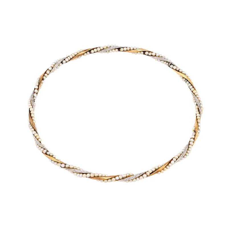 Trendy bracelets with geometric designs-Antique seed pearl 18k yellow gold twisted bangle