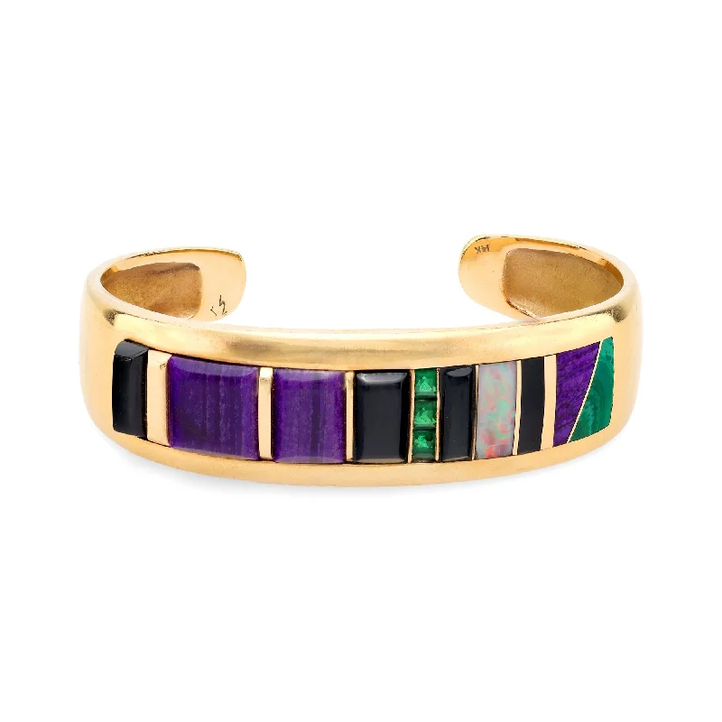 Women’s leather cuff bracelets-Vintage emerald opal onyx sugilite 14k yellow gold bangle