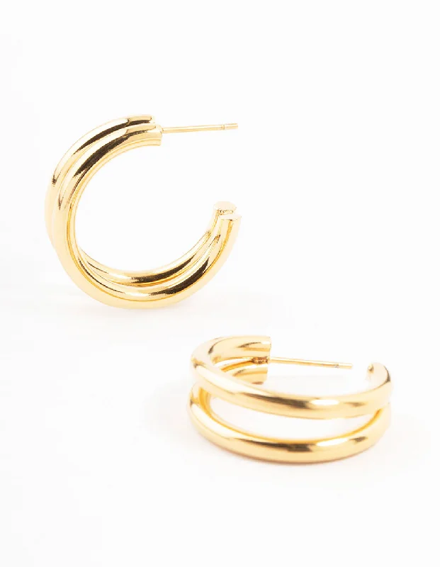 Trendy earrings for women with geometric shapes-Waterproof Gold Plated Stainless Steel Two Layered Hoop Earrings