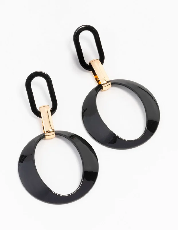 Women’s clip-on earrings for non-pierced ears-Black Gold Oval Circle Link Drop Earrings