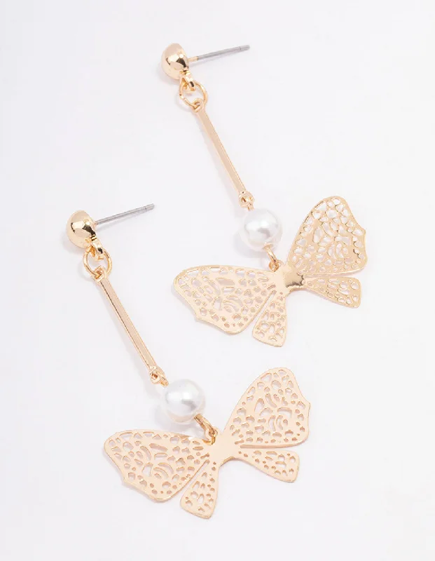 Beautiful hoop earrings with diamonds-Gold Filigree Butterfly Pearl Earrings