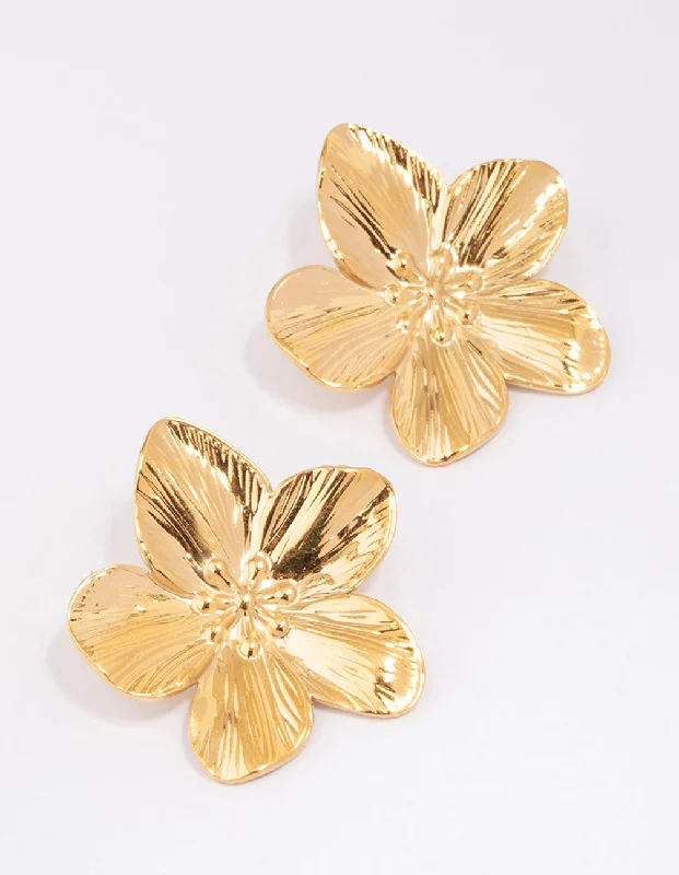 Trendy earrings for women with geometric shapes-Waterproof Gold Plated Stainless Steel Textured Flower Stud Earrings