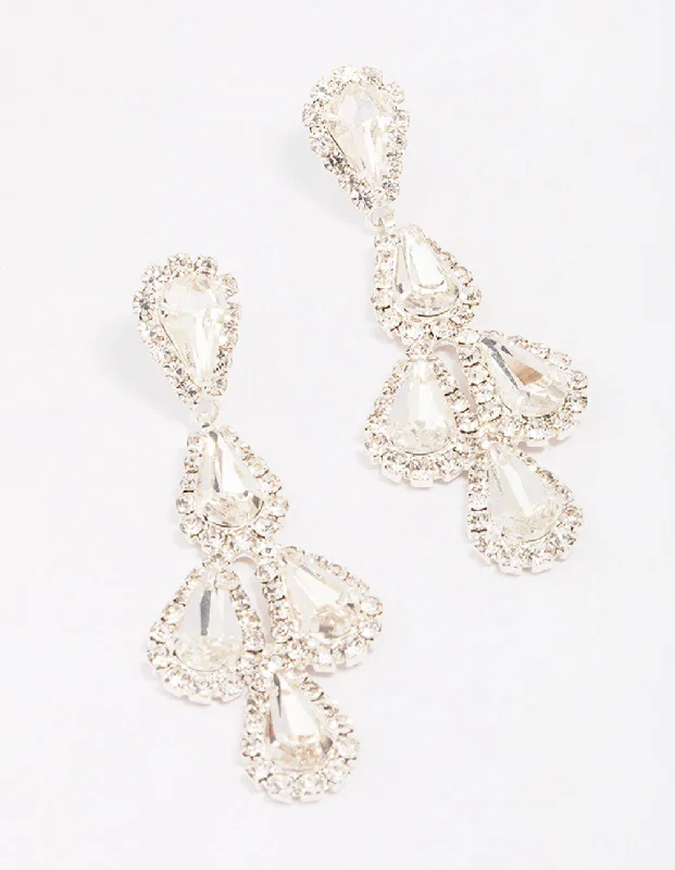 Vintage earrings with intricate designs-Silver Teardrop Diamante Drop Earrings