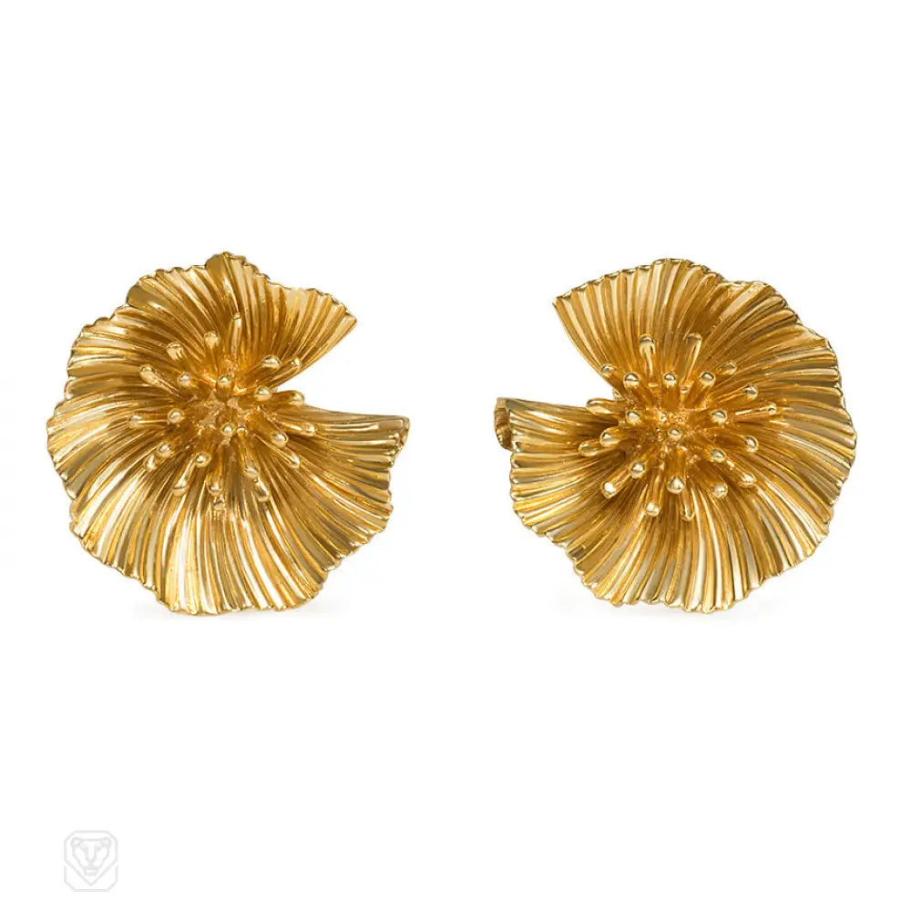 Women’s clip-on earrings for non-pierced ears-Gold ribbed flower earrings, Tiffany & Co