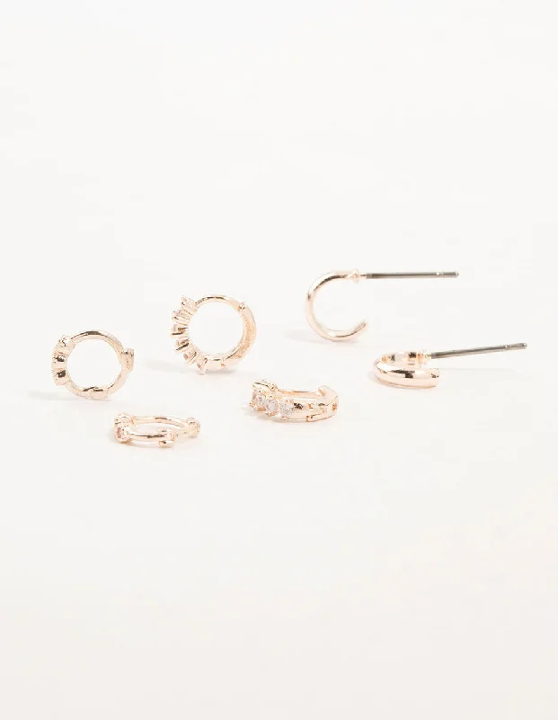 Simple yet chic earrings for women-Rose Gold Mixed Diamante Huggie & Hoop Earrings 3-Pack