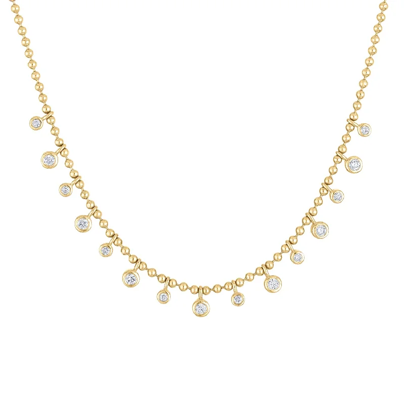 Women’s geometric necklaces-14KT GOLD DIAMOND MANY BEZEL DANGLE BALL NECKLACE