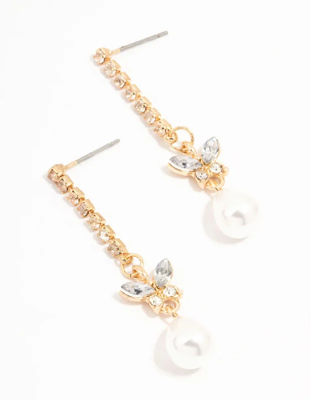 Women’s earrings with matching necklaces-Gold Cup Chain Diamante Butterfly & Pearl Drop Earrings