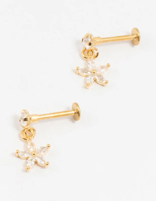 Women’s earrings with floral designs-Gold Plated Surgical Steel Flower Drop Flat Backs 2-Pack