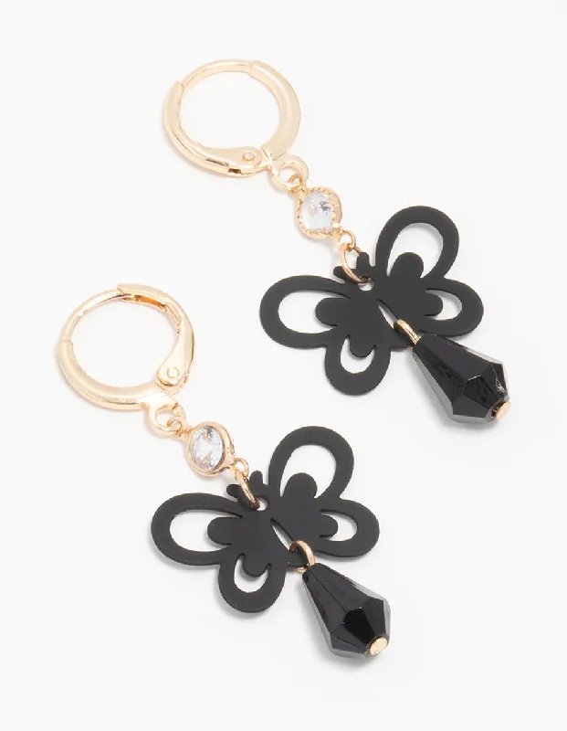 Trendy crystal earrings for women-Gold Black Diamante Butterfly Huggie Earrings