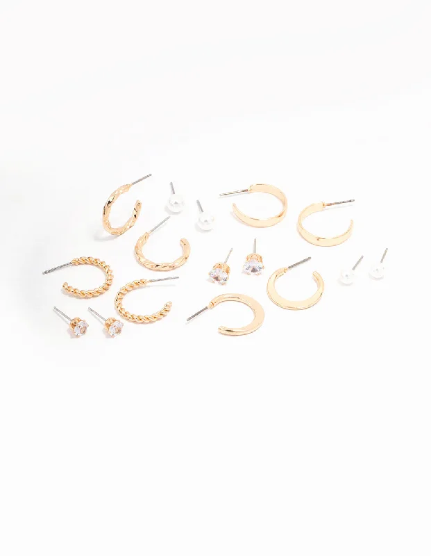 Chic earrings for women with crystals-Gold Pearl Diamante Mixed Hoop & Stud Earring 8-Pack