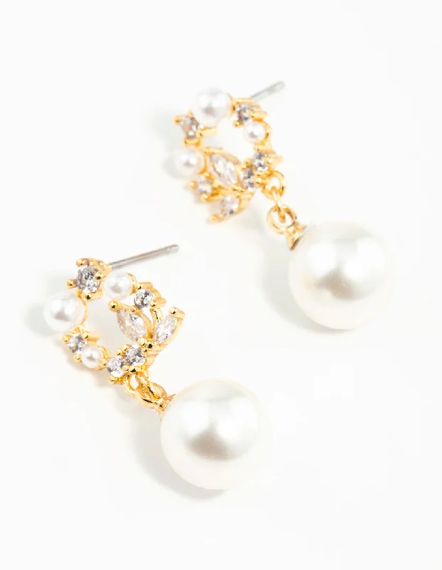 Affordable gold-plated earrings for women-Gold Plated Cubic Zirconia Cluster & Freshwater Pearl Drop Earrings