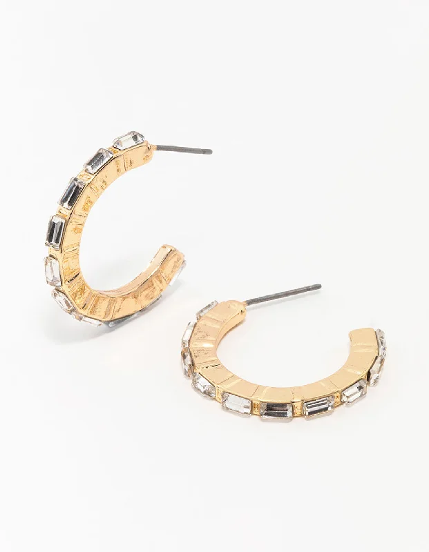 Women’s earrings with matching bracelets-Gold Diamante Encased Baguette Hoop Earrings