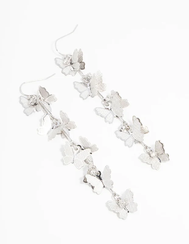 Chic earrings for women with crystals-Silver Butterfly Drop Earrings