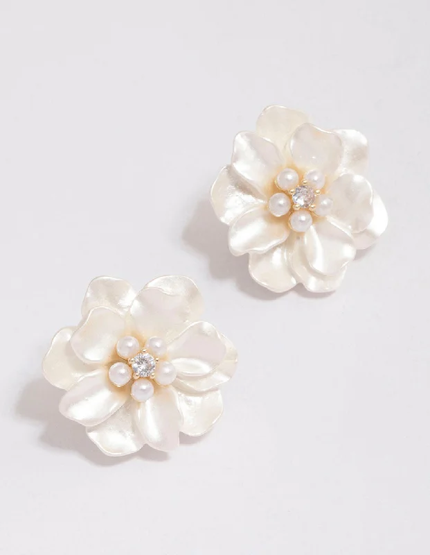 Chic drop earrings for women-Gold Plated White Flower Cubic Zirconia Stud Earrings