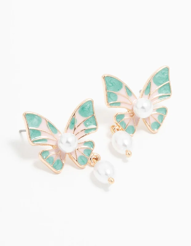 Simple yet chic earrings for women-Gold Blue Butterfly Pearl Drop Earrings