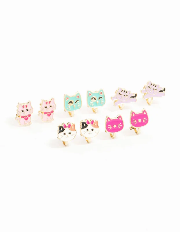 Elegant gold earrings for women-Kids Gold Cat Clip On Earrings 5-Pack