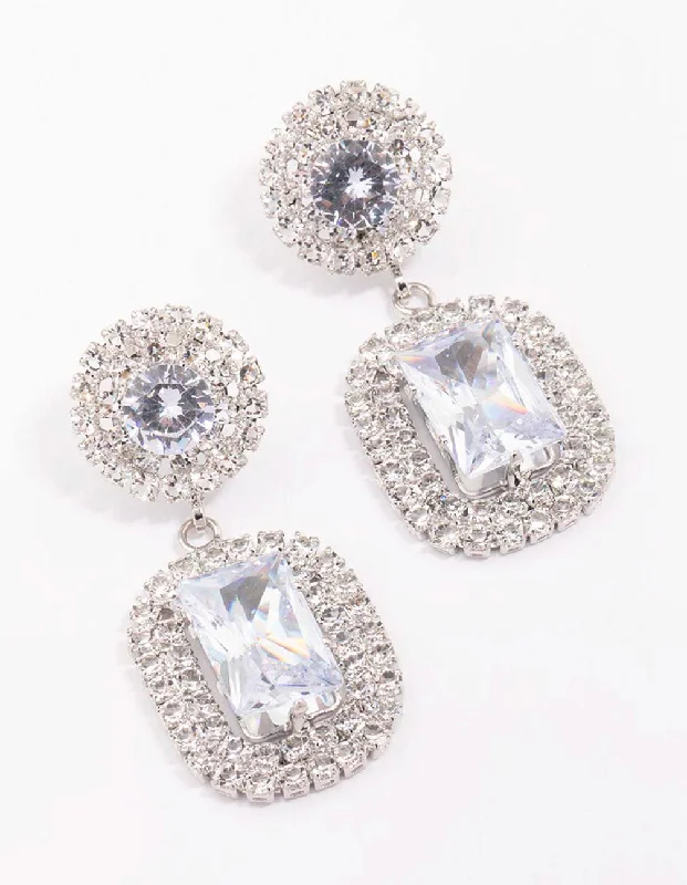 Elegant hoops for women with diamonds-Silver Double Stone Statement Drop Earrings