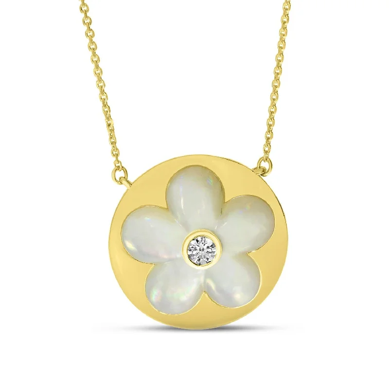 Unique necklaces with engraved designs-14K Yellow Gold 0.07ct. Diamond Mother of Pearl Floral Necklace