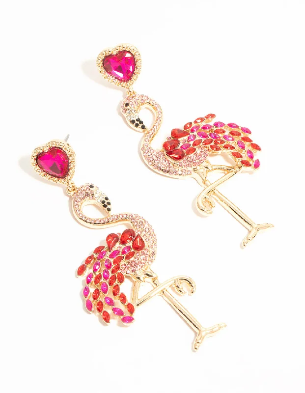 Trendy hoop earrings for ladies-Gold Pink Diamante Flamingo Drop Earrings