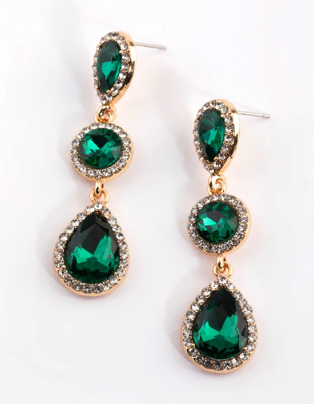 Fashionable earrings with turquoise stones-Green Diamante Circle & Teardrop Earrings