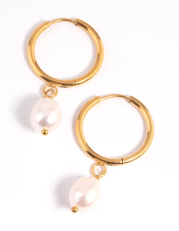 Trendy earrings with mixed metals-Waterproof Gold Plated Stainless Steel Freshwater Pearl Thin Huggie Hoop Earrings