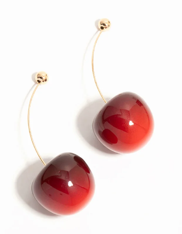 Women’s large statement earrings-Red Cherry Thread Through Gold Drop Earrings