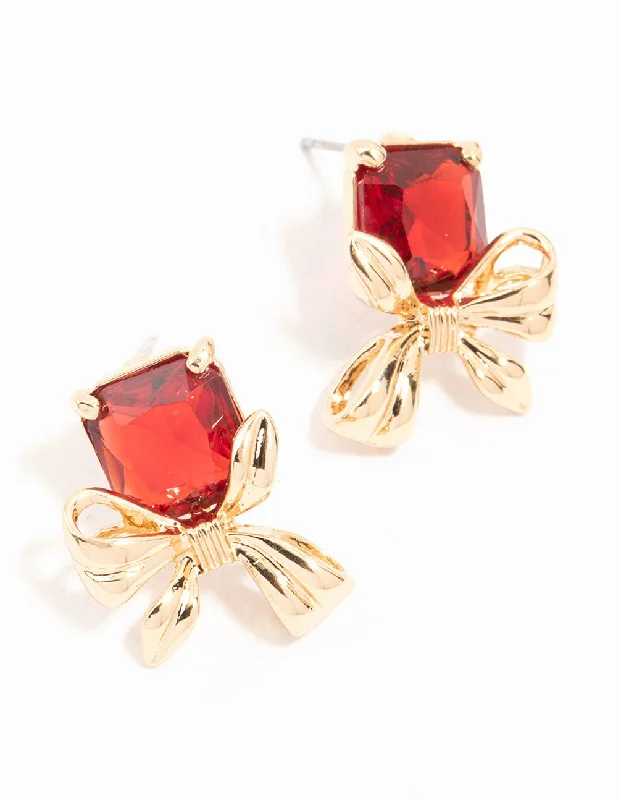 Women’s dangling earrings with ruby stones-Red Stone & Gold Bow Stud Earrings