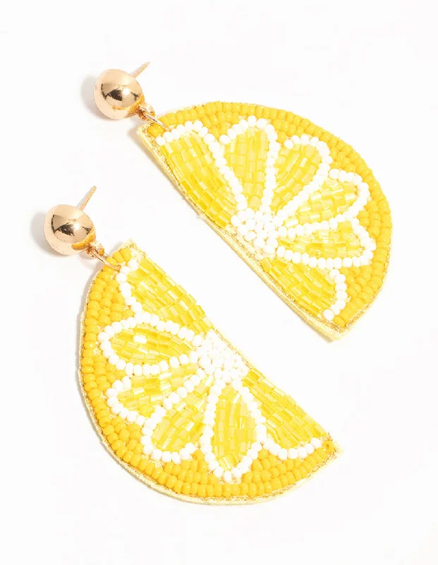 Women’s statement earrings with feathers-Yellow Beaded Lemon Drop Earrings