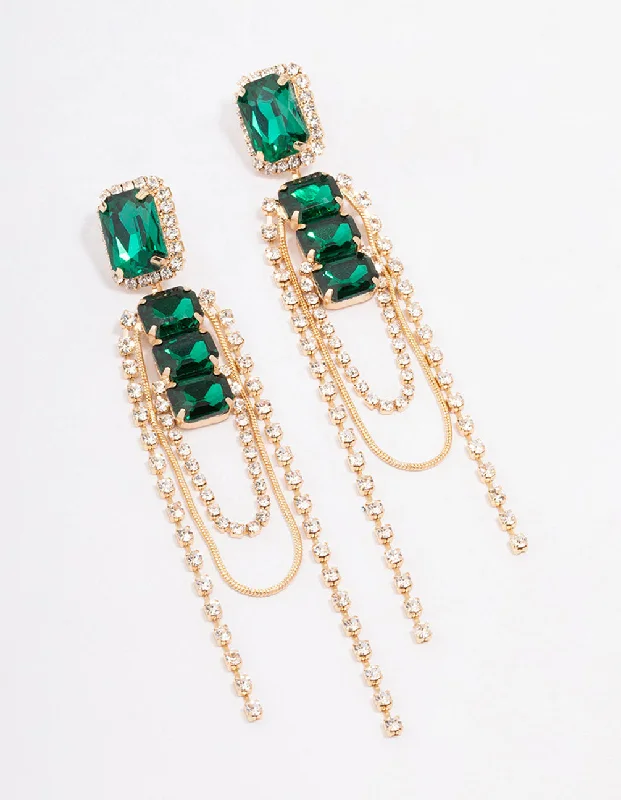 Unique gemstone earrings for women-Gold Double Emerald Stone Drop Earrings