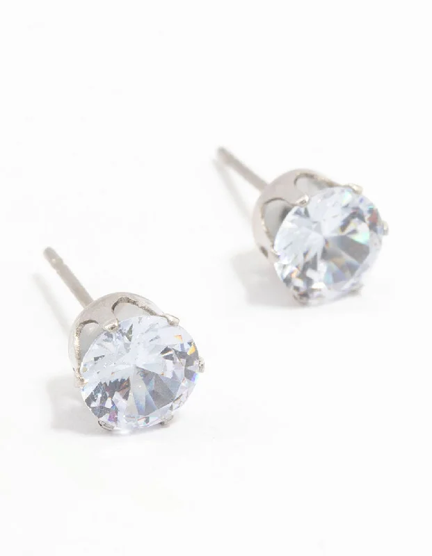 Trendy crystal earrings for women-Waterproof Stainless Steel Cubic Zirconia Stud Earrings 7 MM