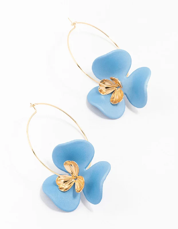 Trendy earrings for women with geometric shapes-Blue Flower Petal Gold Hoop Earring