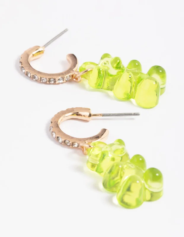 Custom earrings for women with birthstones-Gold Diamante Green Cute Bear Earrings