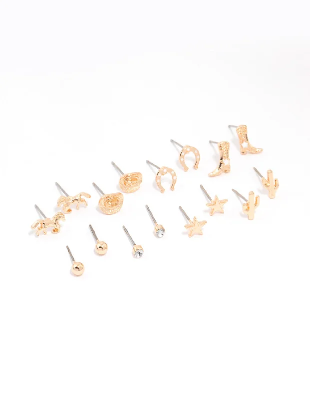 Trendy earrings with mixed metals-Gold Western Cowgirl Earrings 8-Pack