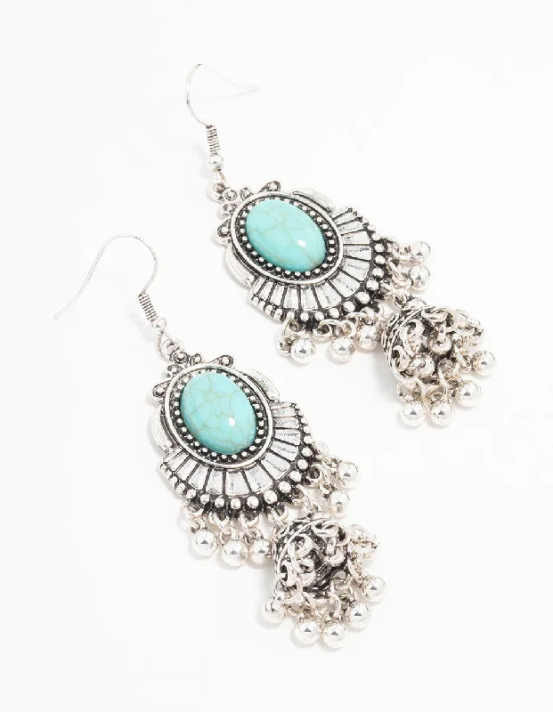 Women’s earrings with spiral designs-Antique Silver Turquoise Drop Earrings