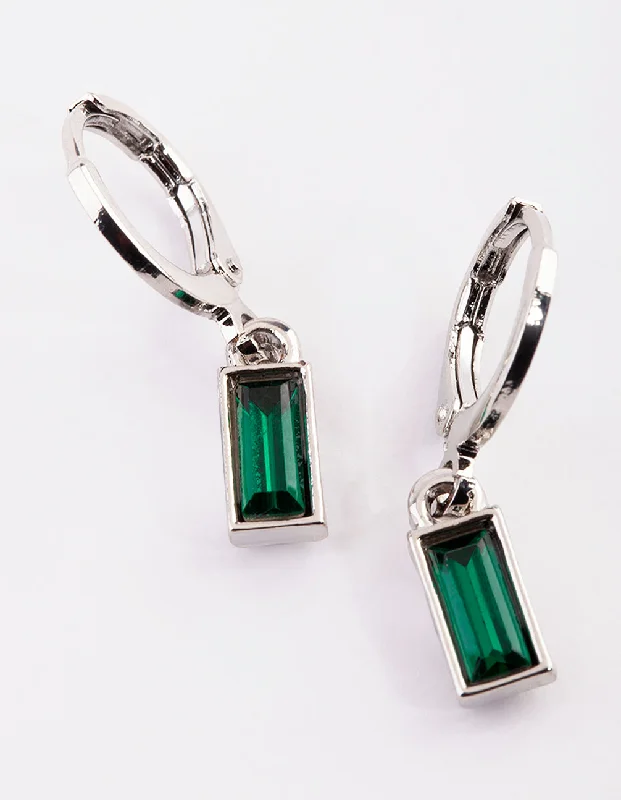 Beautiful emerald earrings for women-Silver Green Diamante Huggie Hoop Earrings