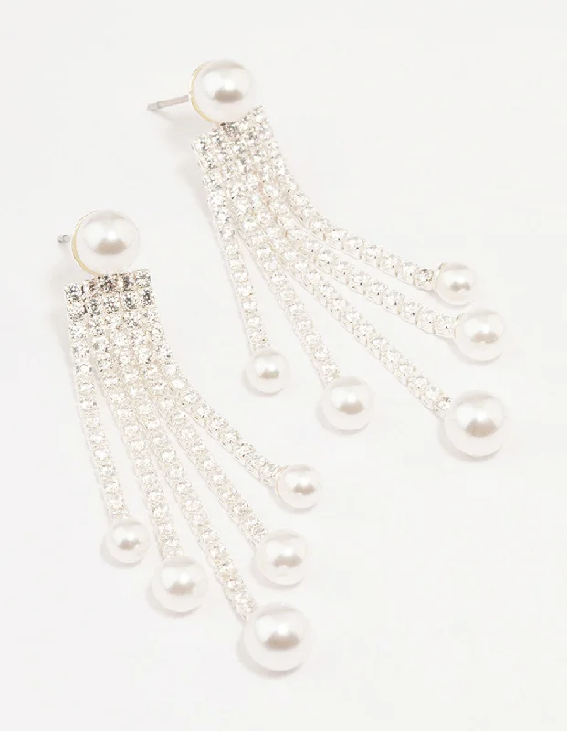 Unique statement earrings for women-Silver Plated Cup Chain & Pearl Drop Earrings