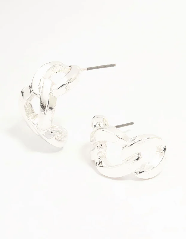 Beautiful heart earrings for women-Silver Cuban Link Hoop Earrings